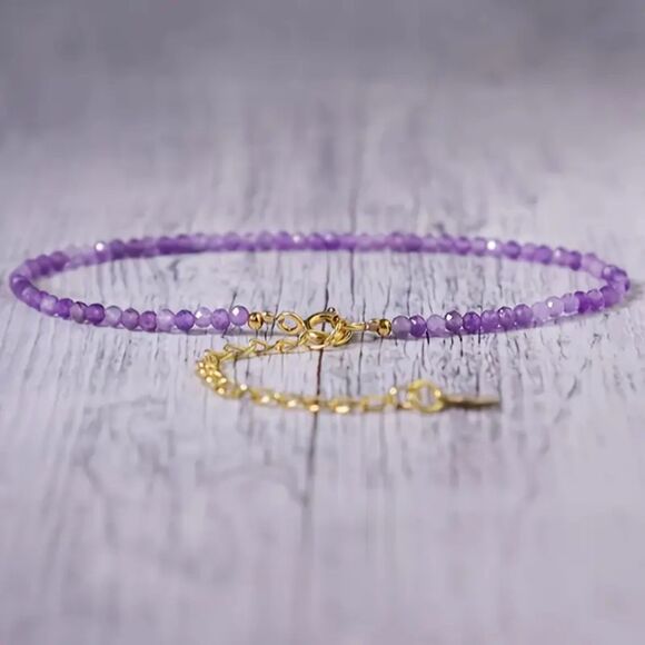 Amethyst Gemstone Bracelet Small Crystal Round Stacking Adjstble Healng February - Picture 2 of 6